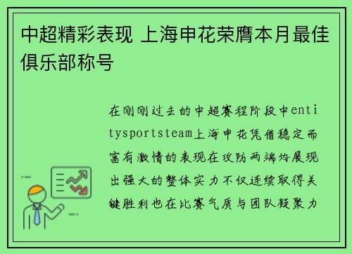 中超精彩表现 上海申花荣膺本月最佳俱乐部称号